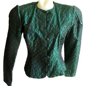 Vintage Bolero Jacket Sz 4 Scott McClintock Green Acetate Satin Sequined Green